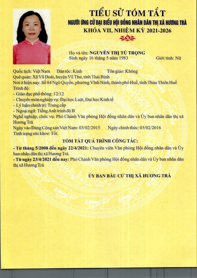 Tiểu sử và chương trình hành động của Bà Nguyễn Thị Tú Trọng, ứng cử Đại biểu HĐND thị xã khóa VII, nhiệm kỳ 2021 - 2026